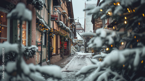 copy space, stockphoto, charming little german village with timber framing shops, decorated for christmas, winter time. Cozy travel destination during Christmas time. Christmas card, invitation card. photo