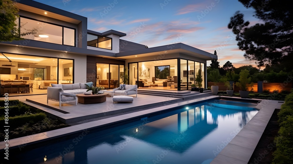 Panoramic view of luxury modern house with swimming pool at dusk