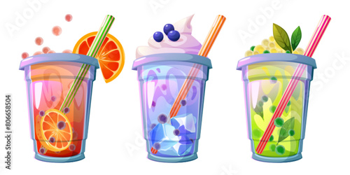 Tea with bubble, fruits and straw. Cartoon vector illustration set of cold drink in plastic cup with ice and balls. Cool summer beverage with orange, milk with berries and green with mint leaves.