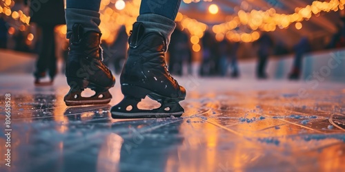 Close up from the ground of a woman ice skating. photo