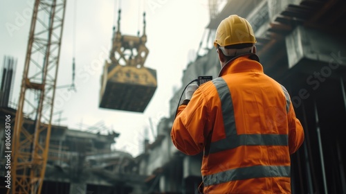 Professional civil engineer looking crane working and lifting box at construction site. Portrait of skilled industrial worker wearing hard hat or safety helmet managing and checking at site. AIG42.