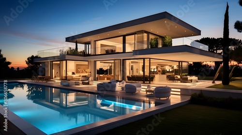 Panoramic view of luxury modern house with swimming pool at sunset © Michelle