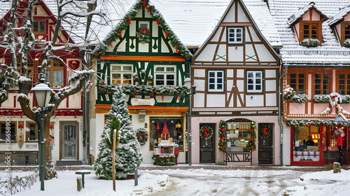 copy space, stockphoto, charming little german village with timber framing shops, decorated for christmas, winter time. Cozy travel destination during Christmas time. Christmas card, invitation card. photo