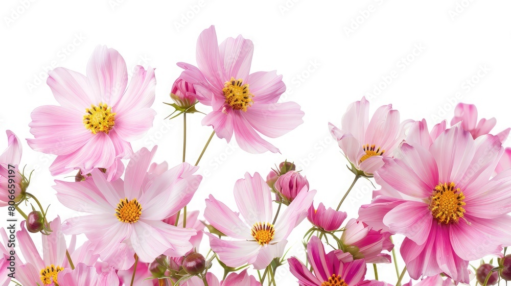 Pink cosmos flowers on white background,Pink cosmos flowers on white background,Close up pink cosmos flower in the field at sunrise in the morning over white background