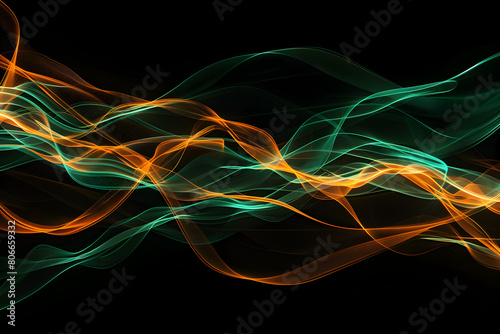 Dynamic neon waves intertwined with glowing orange and green hues. Abstract artwork on black background.