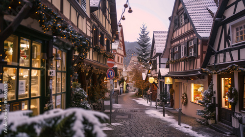 copy space, stockphoto, charming little german village with timber framing shops, decorated for christmas, winter time. Cozy travel destination during Christmas time. Christmas card, invitation card. photo