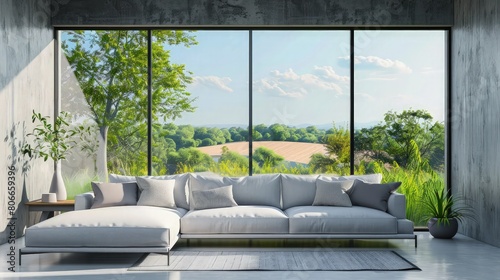 Light gray color big sofa with large glass window and outside plant view.