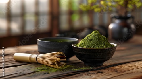 A matcha tea bowl and a bamboo whisk rest on a wooden table. The matcha powder is bright green and the bowl is black. The whisk has a natural wood color.