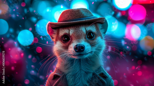 Modish mongoose in a tailored blazer, wearing a fedora hat photo