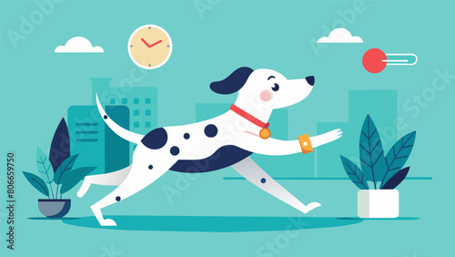 A playful Dalmatian running circles in the office courtyard his fitness tracker tracking every step and wag of his tail.. Vector illustration