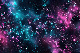 Electric neon galaxy backdrop with magenta and teal glowing stars. Captivating art on black background.