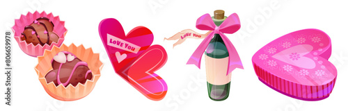 Chocolate Valentine day set with candy in gift box. Wine, sweet food present and cute ribbon element isolated on white background. Variety romantic surprise clipart for shopping and celebration