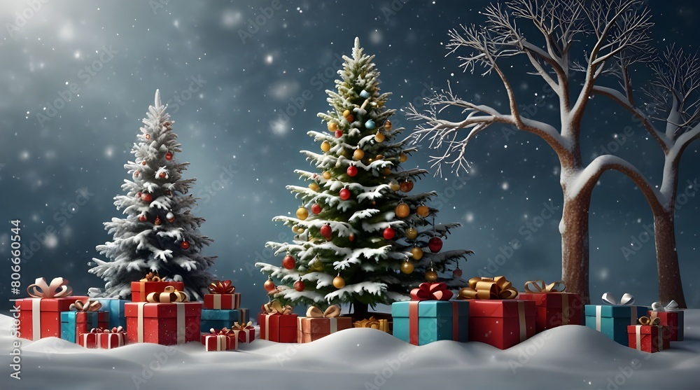 Obraz premium A snowy christmas tree and presents with snowy background
