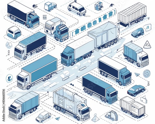 Highway transport logistics isometric illustration, cargo trucks in transit, dynamic lines, rush hour setting