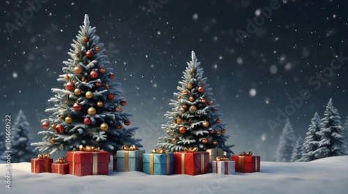 A snowy christmas tree and presents with snowy background