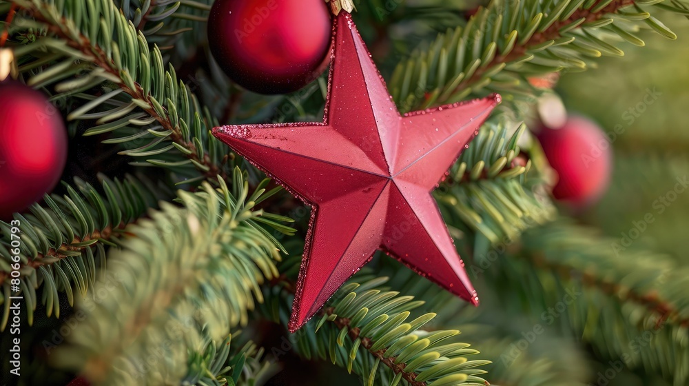 christmas tree decoration with red star. christmas tree decoration with red star.