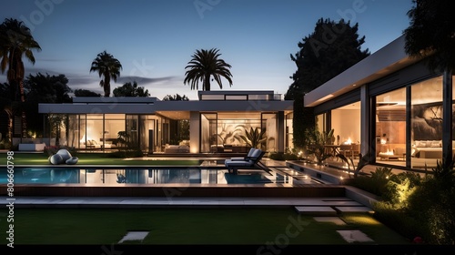 Swimming pool in luxury villa at night, Los Angeles, California