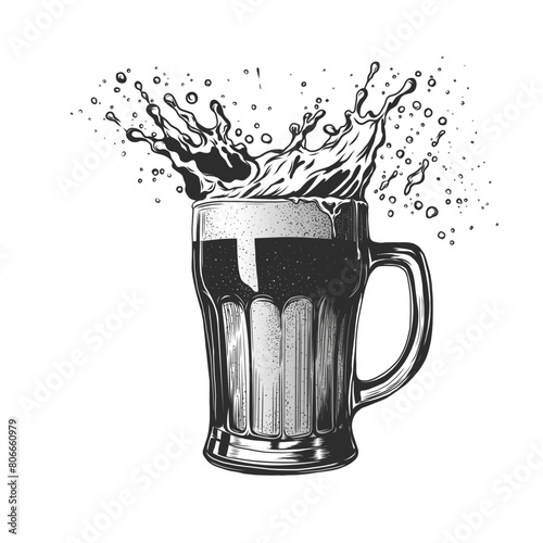 Engraving Glass with splashing beer isolated on white background. Hand drawn Vintage beer mug with foam splash and drops. Etching sketch style, woodcut