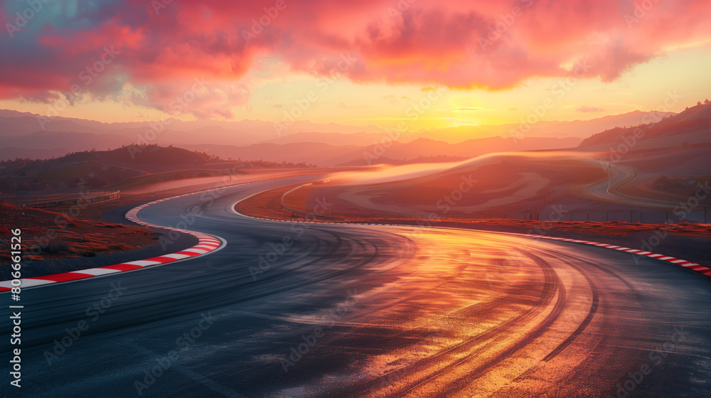 Winding road with sunset in the background, picturesque landscape. Concept of personal path to a bright future