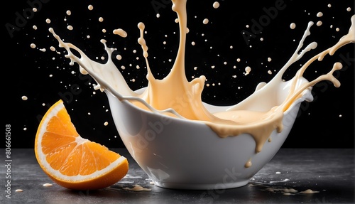 splash of orange yogurt milk plain black background from Generative AI photo