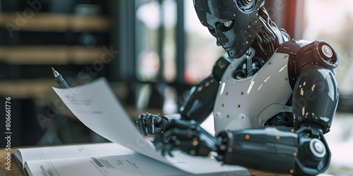 a humanoid robot engaged in a learning process, perhaps reading a book or analyzing data, showcasing the ability of AI systems to acquire knowledge. photo