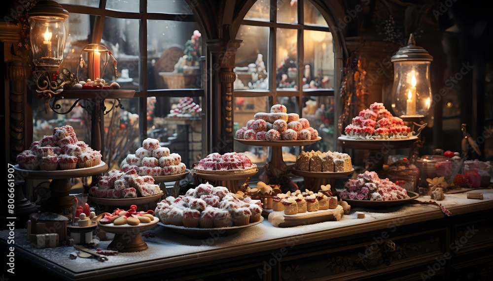 Group of sweet pastries on display in a shop window. Selective focus.