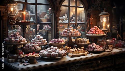 Group of sweet pastries on display in a shop window. Selective focus.