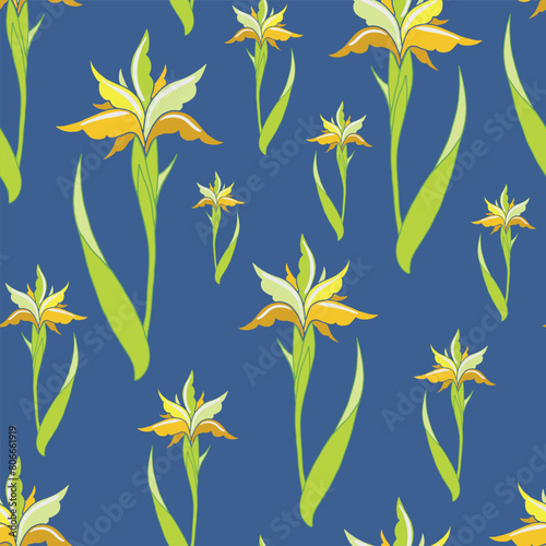 Vector blue seamless pattern background: Iris In Spring.