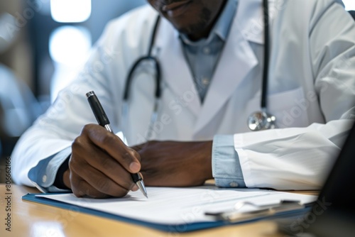 A doctor confidently signing her notes with dedication and focus, health insurance forms image