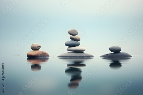 Zen Concept.  Spa stones in the lake at sunset  generated by AI. 3D illustration