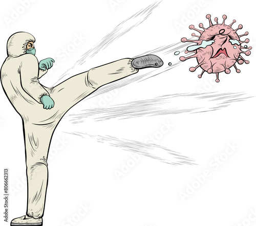 Full armed PPE personal kicking coronavirus