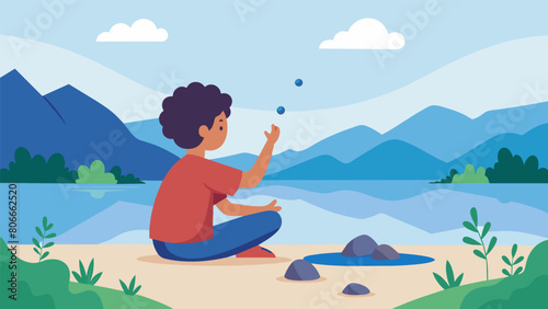 A young child sits by the lake tossing pebbles into the water as they ponder their place in the world..