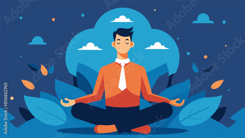 Amidst a sea of distractions a man sits with closed eyes his inner fortress of peace keeping him centered and focused.. Vector illustration