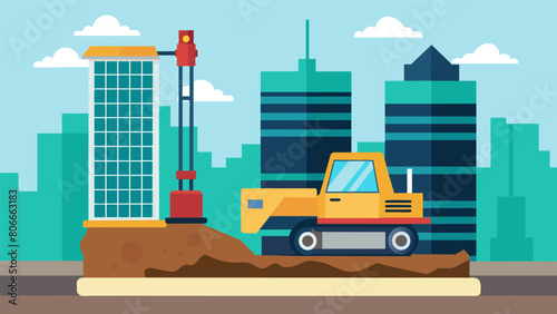 Compaction Heavy machinery is used to compact the soil beneath the foundation ensuring a stable base for the skyscr.. Vector illustration photo