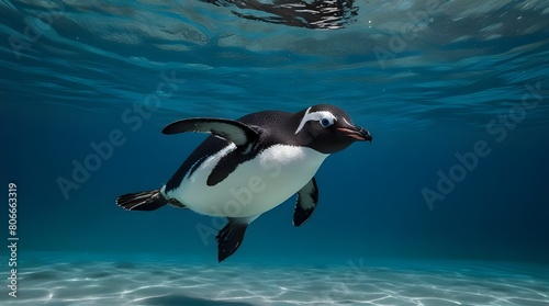 Penguin swimming underwater in blue water
