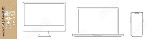 Computer and phone mockup set with desktop, laptop. icons set.