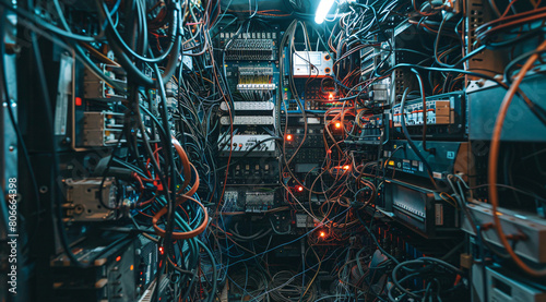 Complex network server wiring chaos, Close-up view of tangled cables and wires in a data center's network server rack