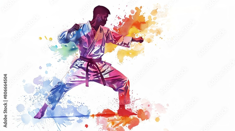 Craft a detailed and isolated taekwondo fighter in vibrant watercolor, showcasing their strength and focus in the martial art on a clean, white backdrop Craft a detailed and isolated taekwondo fighter in vibrant watercolor, showcasing their strength and focus in the martial art on a clean, white backdrop