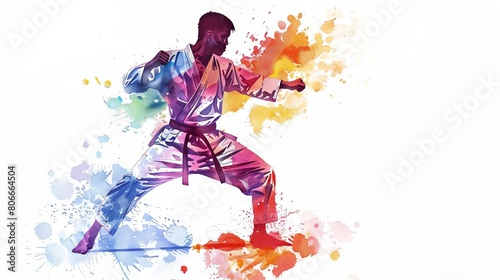 Craft a detailed and isolated taekwondo fighter in vibrant watercolor, showcasing their strength and focus in the martial art on a clean, white backdrop