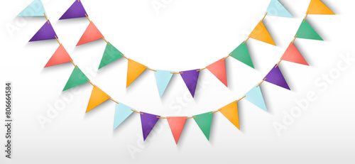 Triangle party garland with ornaments. Realistic 3d vector flag bunting for birthday or carnival design. Funfair hanging triangular paper pennant string. Holiday event festive decoration with pattern.