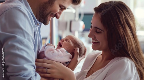 A happy couple hugs their newborn little baby at the hospital, the woman and man became parents. Overflowing Love: A family's Joyful Hug with Their Newborn, Radiating Pure Affection