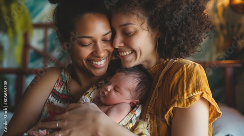 happy female Gay couple with baby at home. Concept of lgbt people, lesbian marriage and adoption, homosexual family photo