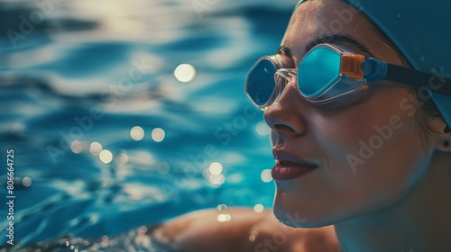 close-up portrait  experience the sheer joy of a woman in the pool  she embraces the refreshing aftermath of a swim with goggles. Banner with copy space concept of water sports