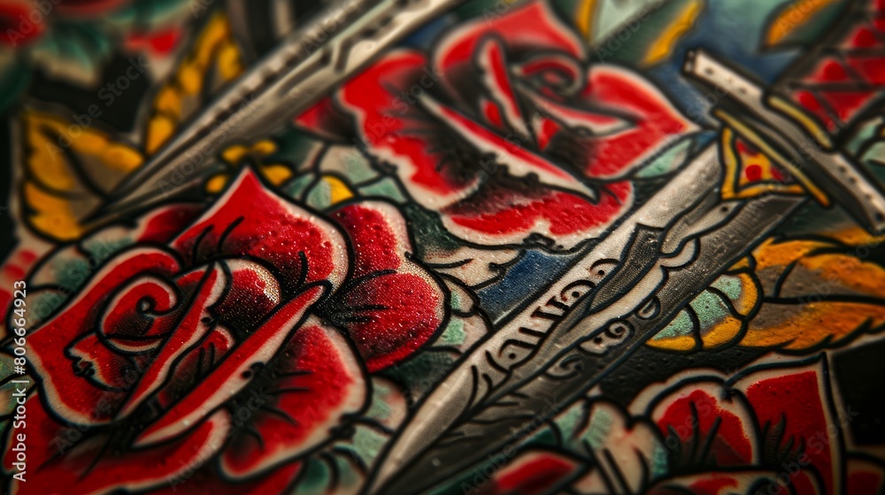 Vivid traditional tattoo close-up, bold outlines with a mix of daggers and old-school roses, set against a plain background for contrast