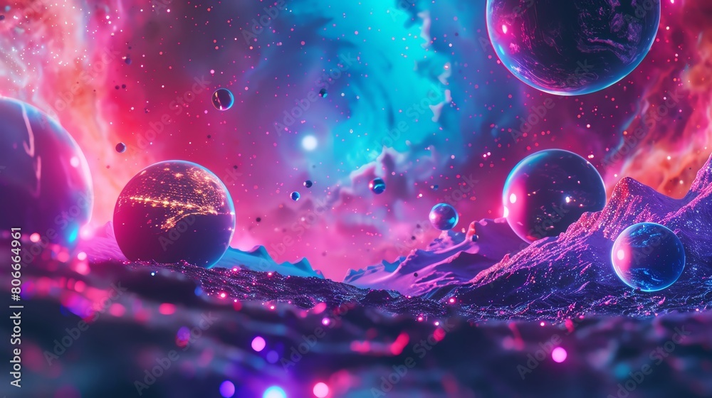 Naklejka premium Craft a mesmerizing front-facing space-themed illustration with a blend of both digital 3D rendering and vibrant pixel art