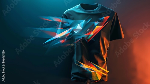 Craft a sleek and modern 3D rendering of a geometric abstract design on the T-shirt, playing with light and shadow to create a dynamic and eye-catching visual impact
