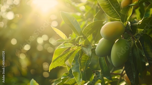 Fresh mangoes hanging on a tree in sunlight, symbolizing organic farming. Golden hour in a tropical orchard. Nature's bounty captured vividly. AI