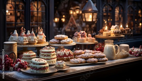 A lot of different pastries on the counter in a shop window