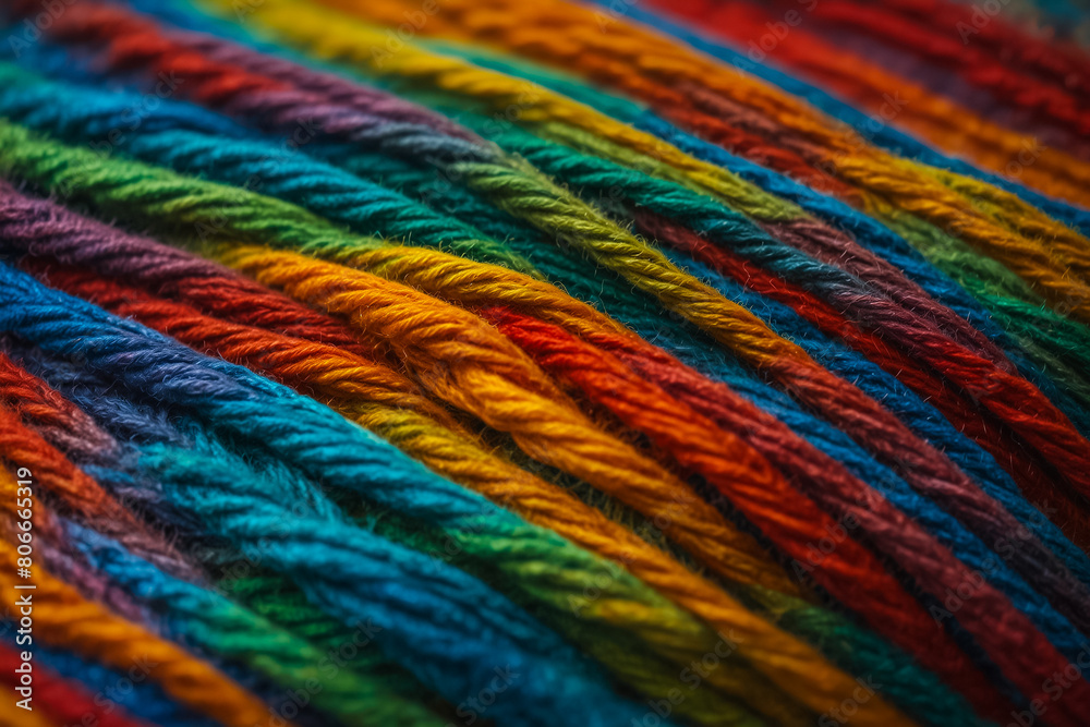The yarn is multicolored and appears to be in a twisted position. Colors: blue, red, green, yellow and orange.
