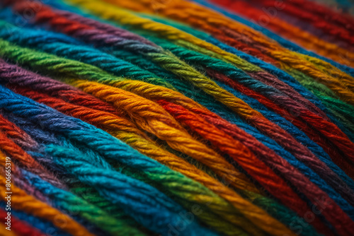 The yarn is multicolored and appears to be in a twisted position. Colors: blue, red, green, yellow and orange.
